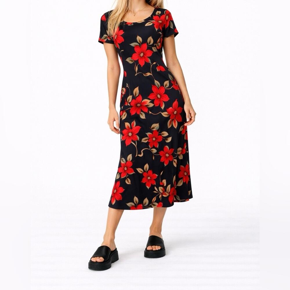 Vintage 90s Short Sleeve Tie Back Midi Dress Black Red Size 5